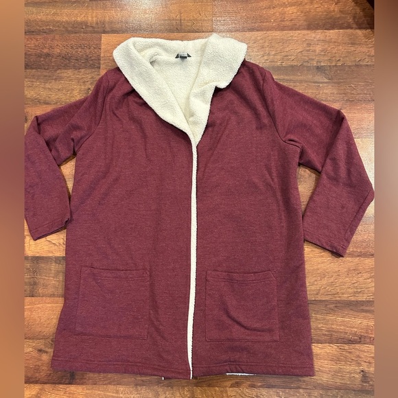 Eddie Bauer Large Office Red Wine Sherpa Lined Open Front Cardigan Jacket - Picture 1 of 6
